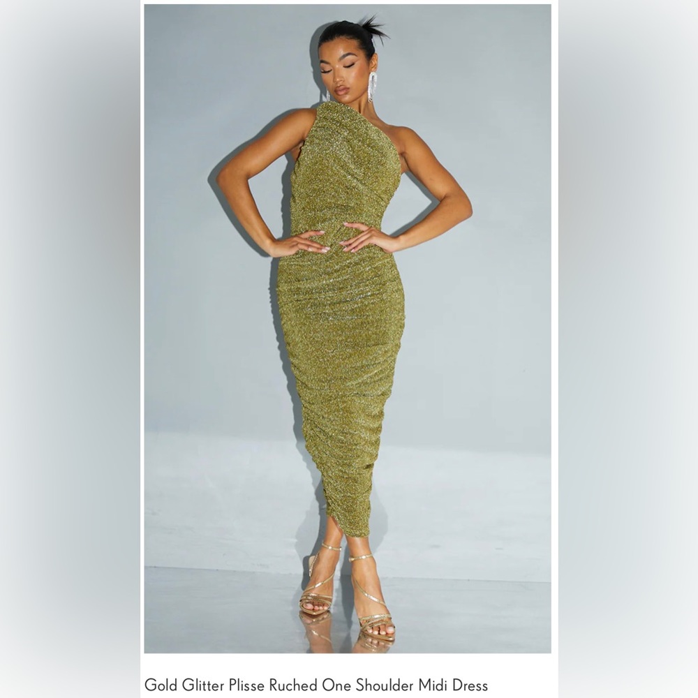 Gold Glitter Plisse Ruched One Shoulder Midi Dress